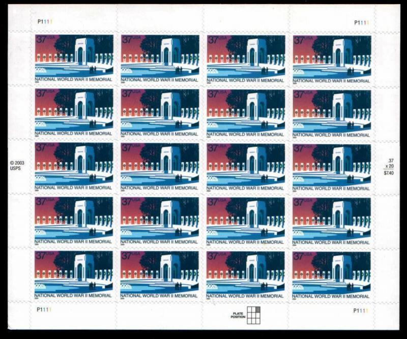 Scott 3862 World War II Memorial MNH Pane CV $15