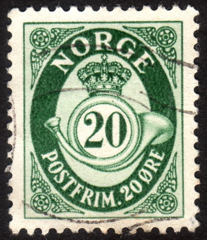 1952, Norway 20ö, Posthorn, Used, Sc 326, VF/XF-88