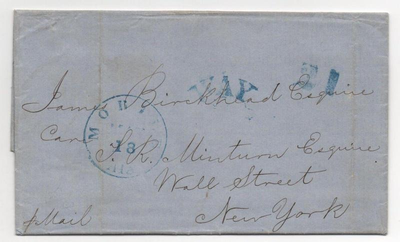 Inland Waterway Cover WAY 21 H/S 1 of 5 Known RARE NO to New York May 18, 1851
