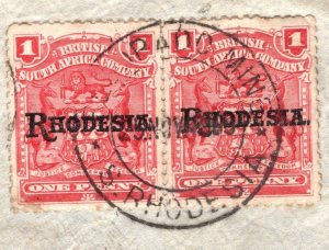 RHODESIA BSACo GOLD 1d Red Pair *ELDORADO MINE* 1909 CDS Postmark Piece GBLUE98