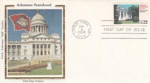 USA 1986 FDC Sc 2167 22c Arkansas Statehood R & R Colorano Silk Cachet