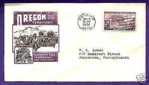 783  OREGON TERRITORY 3c 1936 ASTORIA, ORG., IOOR FIRST DAY COVER.