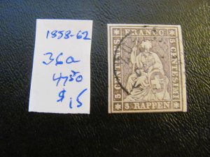SWITZERLAND 1858-1862 USED SC 36a  3 MARGINS  $47.50 (185)