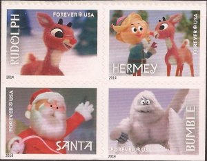 US Stamp - 2014 Rudolph Christmas TV Special - Block of 4 Forever Stamps #4946-9