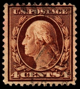 U.S. Scott #377: 1911 4¢ George Washington, Used, F/VF, very light cancel