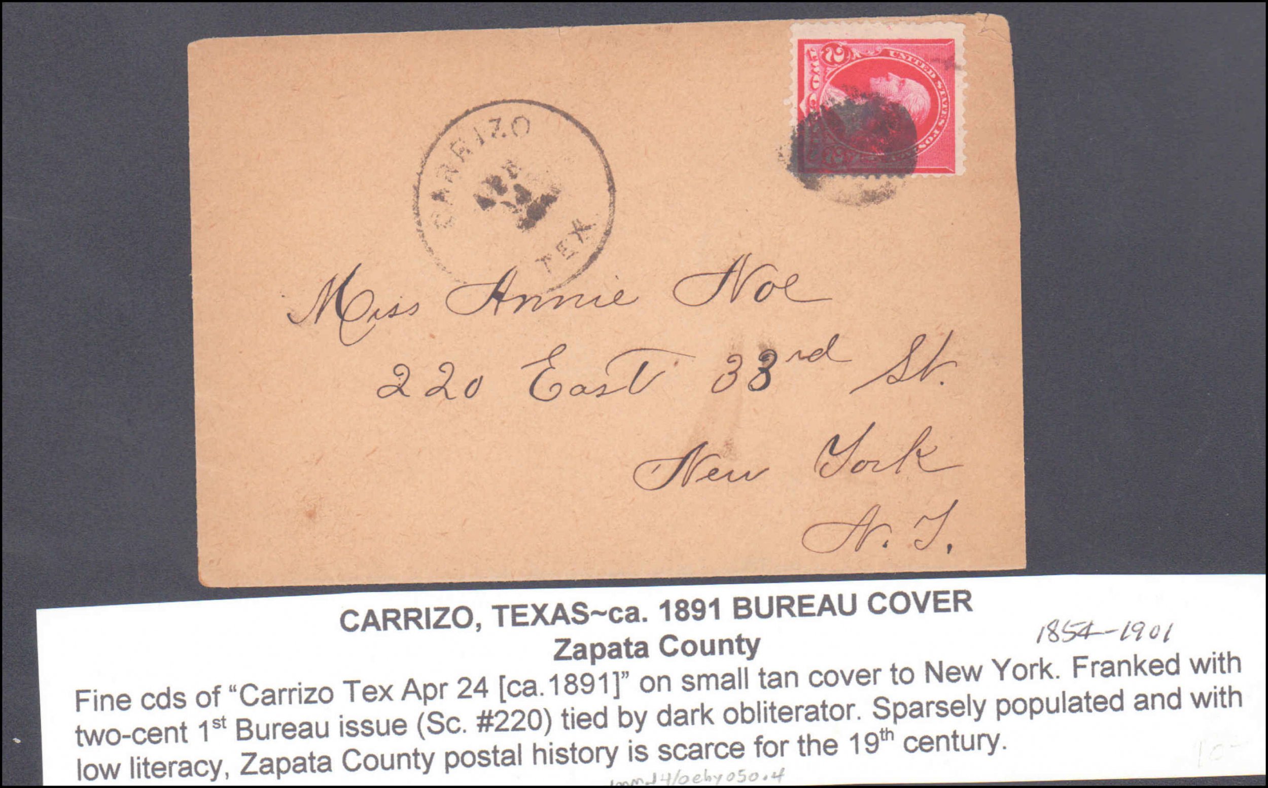 Zapata County Carrizo DPO Dead Post Office 18541901 ( Postal History ), 1891 Worldwide