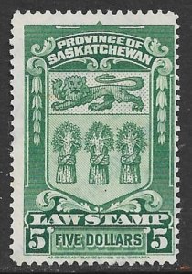 CANADA REVENUES SASKATCHEWAN 1908 $5.00 LAW STAMP VDM. SL42 VFU