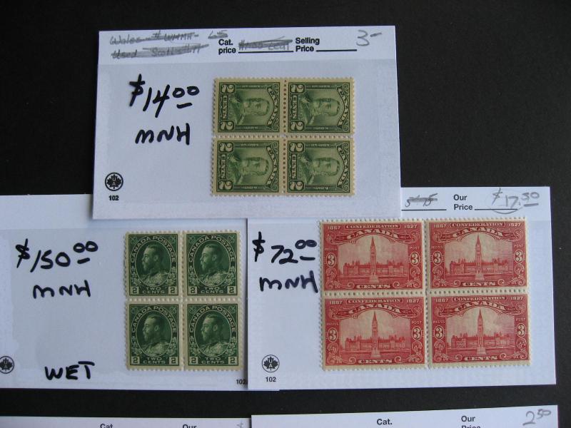 Canada old time blocks of 4 MNH in sales cards,check em out!