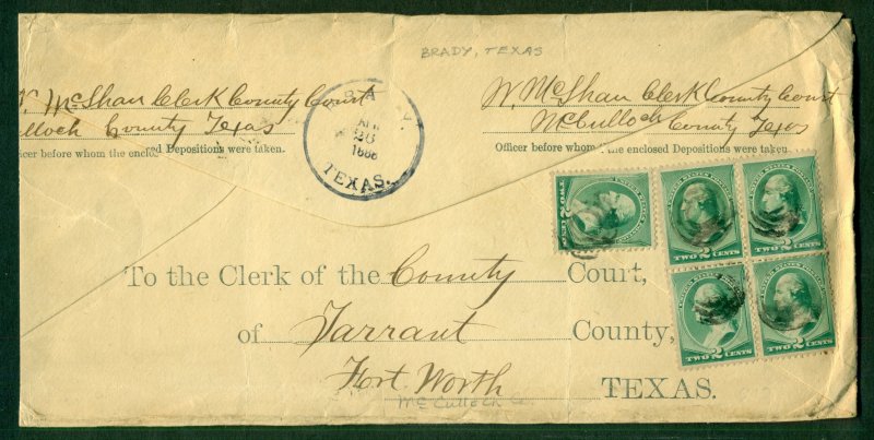 U.S. #213 x 5 on BRADY TEXAS legal size envelope