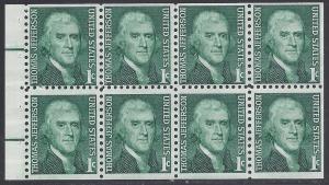 #1278a 1c Thomas Jefferson Booklet Pane/8 1968 Mint NH