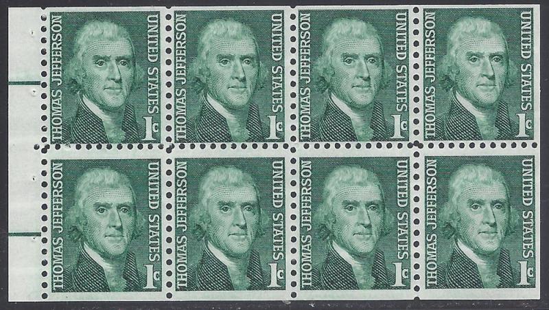 #1278a 1c Thomas Jefferson Booklet Pane/8 1968 Mint NH