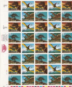 Sc# 2422 / 2425 U.S 25¢ Dinosaurs 1989 Prehistoric Animals complete sheet MNH