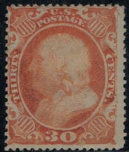 US # 38 SCV $1900. 30c Franklin, VF plus for issue, mint hinged, super fresh ...