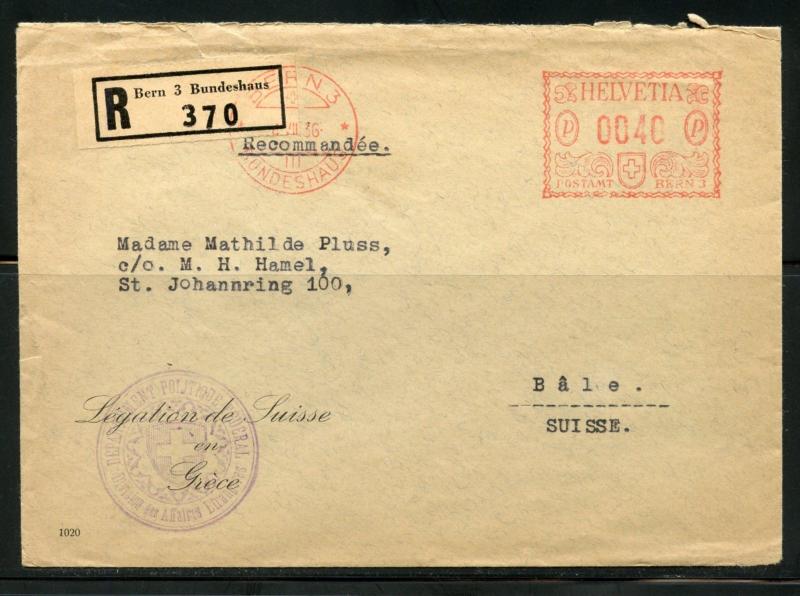 SWITZERLAND 1936 SWISS DELEGATION IN GREECE REG-METERED COVER TO BASEL 