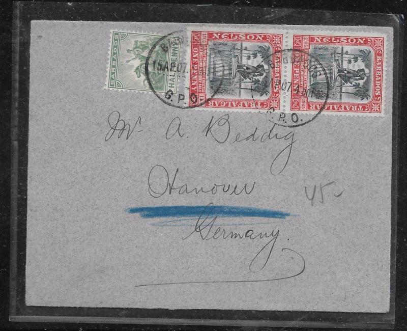 BARBADOS (P1201BB) 1907 NELSON 1D PR+1/2D SEAHORSE COVER TO GERMANY