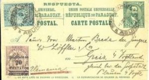 Paraguay #146,154, 1908 2c postal stationery card, with additional franking, ...