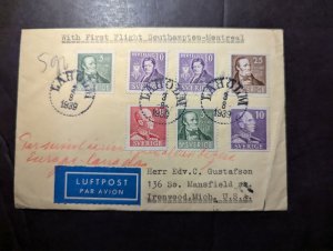 1939 Sweden Airmail Postcard First Flight Cover FFC Laholm to Ironwood MI USA