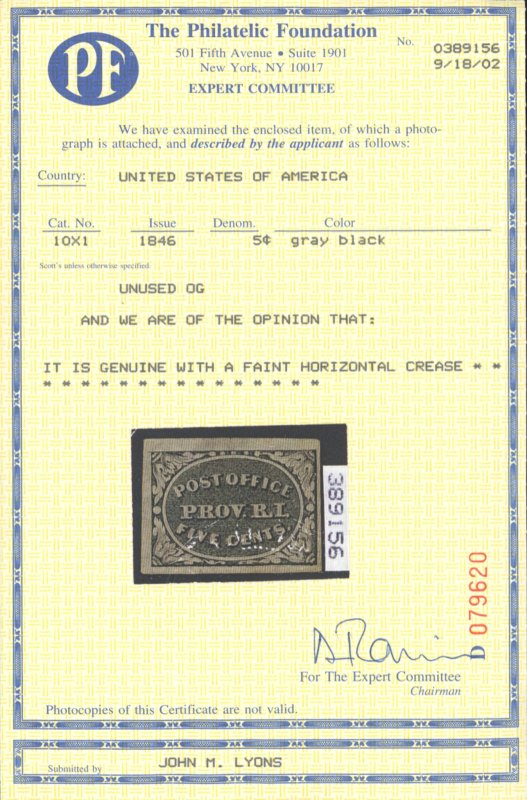 U.S. #10X1 MINT WITH PF CERT