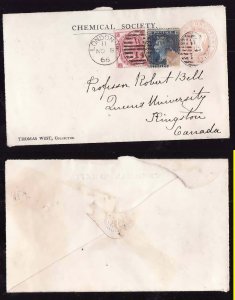 Great Britain-cover#14373-Postal Stationary uprated to Canada-London W-No 8 1866