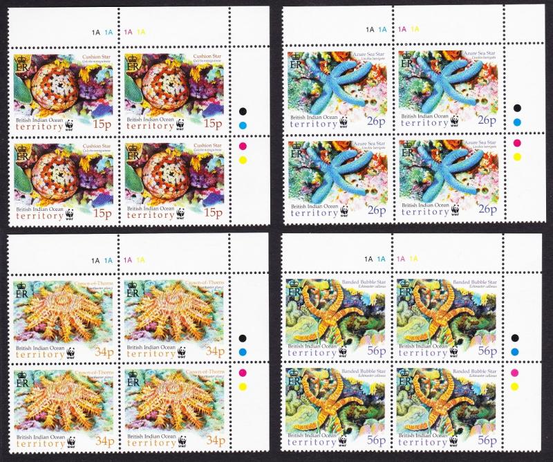 BIOT WWF Sea Stars 4 Top Right Corner Blocks with margins SG#253-256 MI#266-269