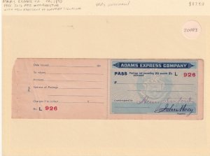 1890 Adams Express Free 20lb Pass w/Book Stub. Signed by new Pres of Co. (20083)