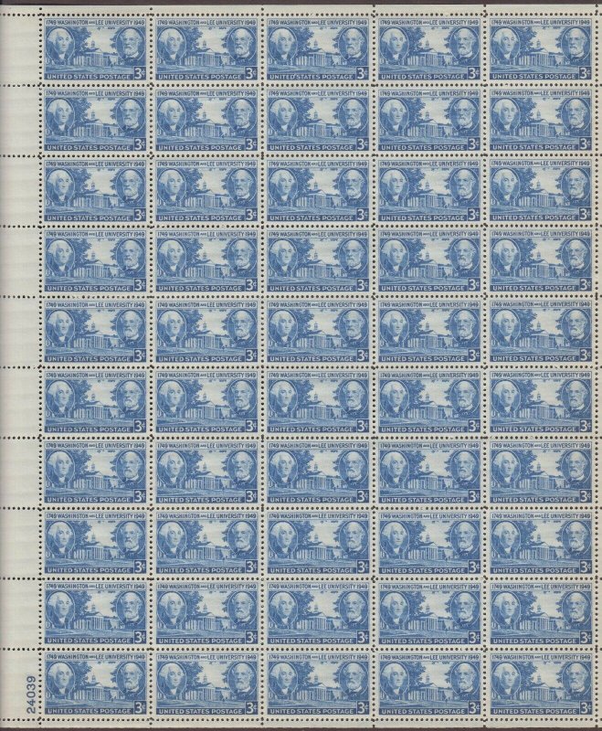 US,982,WASHINGTON AND LEE UNIV,,MNH VF, FULL SHEET,1940'S COLLECTION,MINT NH ,VF