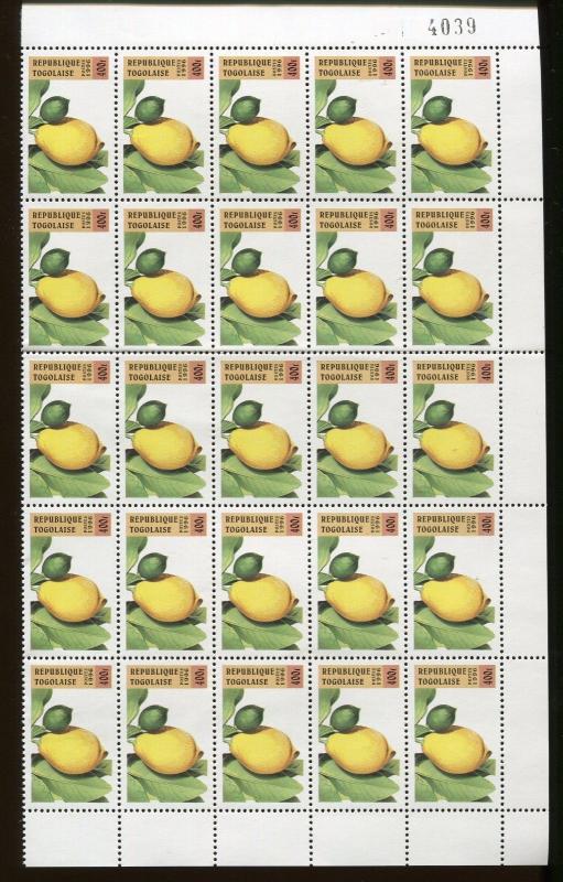 Togo Stamp Sheet - #1743 -8 / FRUIT COLLECTION Pears, Lemons, Banana ext - O35