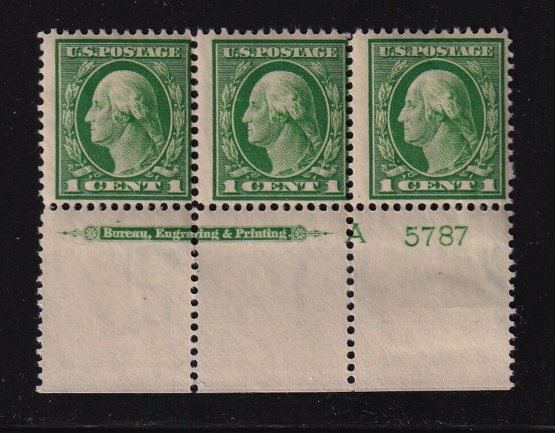 1912 Sc 405 1c green pf 12 wmk 190 MHR original gum plate strip 5787B