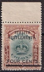 Straits Settlements 138 (mh, ng) 4c on 16c crown, org brn & black (1907)
