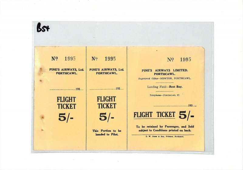 GB WALES AVIATION *Pines Airways Ltd* 5s Flight Ticket Porthcawl Newton 1934 BS4