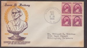 1936 Susan B. Anthony women's suffrage Sc 784-16b Bronesky cachet, block of 4