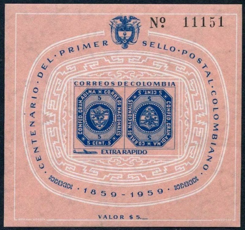 Colombia C355,hinged.Mi 892 Bl.15. Colombian postage stamps,centenary,1959.
