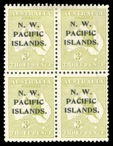 New Guinea 1919 KGV Roos 3d greenish olive (Die I) block VFM. SG 109. Sc 29.