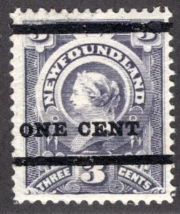 66a, NSSC, 1c (black) on 3 cent, gray; Type A; 17.5 mm bar spacing, Newfoundland