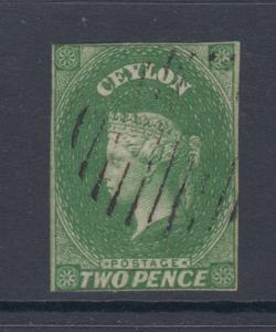 Ceylon Sc 4a used 1857 2p yellow green imperf QV, light cancel