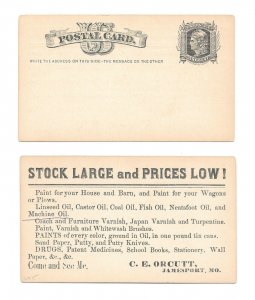 UX5 1870s Postal Card Preprinted Advertisement Druggist C E Orcutt Jamesport MO