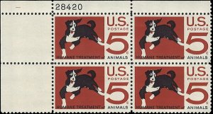 Scott # 1307 1966 5c redsh brn & blk Litho& Dog  Plate Block - Upper Left - M...