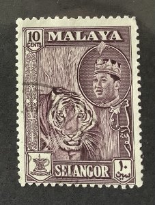 Malaya Selangor 1957 Scott 107 used - 10c,  Sultan Hissamuddin Alam & Tiger