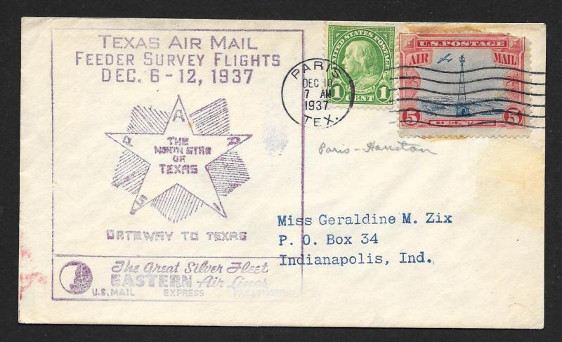 UNITED STATES Event Cover Texas Air Mail Feeder Flights 1937 Paris Texas