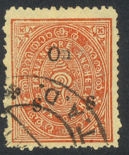 INDIA IFS TRAVANCORE 1930-34 6ca Red Brn CONCH SHELL OFFICIAL Scott No. O22 VFU