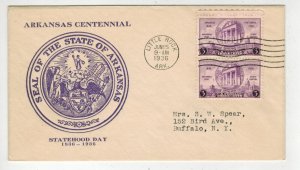 1936 ARKANSAS CENTENNIAL BETTER FDC 782-63A STATE SEAL IN PURPLE + PAIR