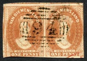 Tasmania SG25 1d Deep Red Brown Fine used PAIR Cat 110++ pounds 
