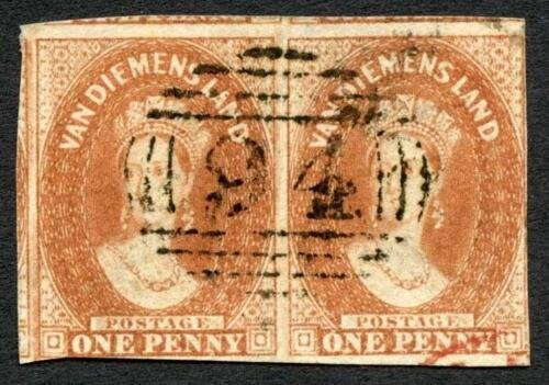 Tasmania SG25 1d Deep Red Brown Fine used PAIR Cat 110++ pounds 
