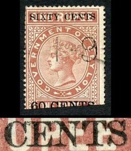 Ceylon Telegraph SGT67 60c on 1R Type 62 Surcharge Double or Kiss