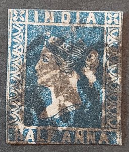 1854-55 India 1/2 Anna Blue Die II, Used Mint Imperf, Hinged  SG#6
