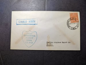 1928 Peru Airmail Experimental Dolittle Test Flight Cover Lima to La Paz Bolivia