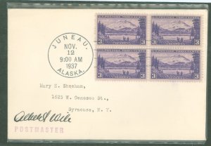 US 800 1937 3c Alaska (part of the US Possessions series) block of four on an uncacheted addressed first day cover with the sign