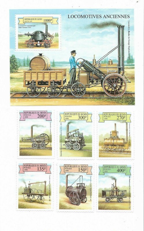 BENIN YEAR 1999 OLD TRAINS LOCOMOTIVES 6 VALUES + SOUVENIR SHEET RAILWAYS MNH