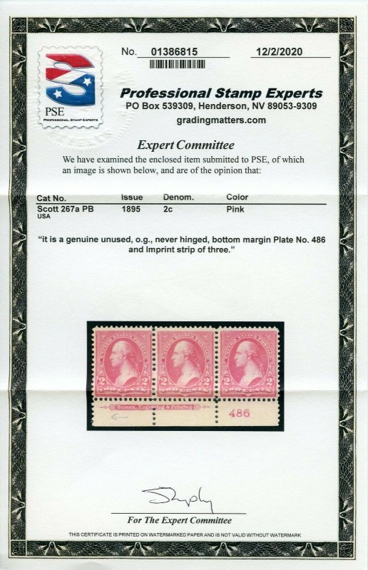 #267a PL# Imprint Strip Of 3 Mint-VF-OG-NH W/ PSE CERT SCV $200 (2/14/21 GP)