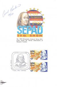 Signed Gill Craft SEPAD 50th Show Maxi Card #1690 Benjamin Franklin Map 1990